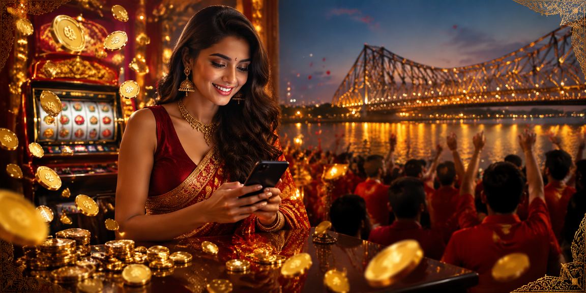 Iconic Howrah Bridge with casino-themed red and gold colors